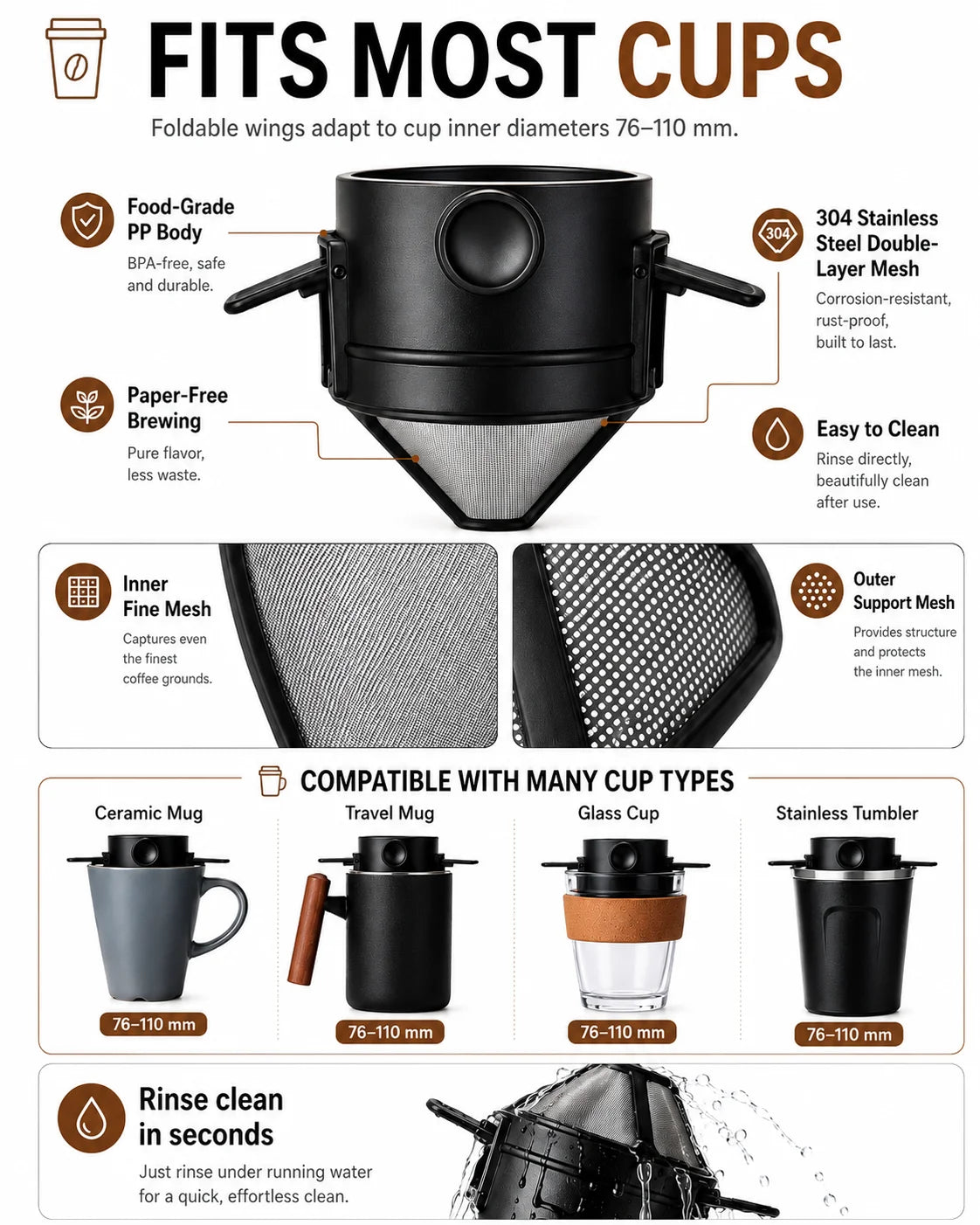 Reusable Coffee Filter Set with Double Layer Stainless Steel Mesh, Foldable Pour Over Dripper and Glass Cup for Coffee & Tea