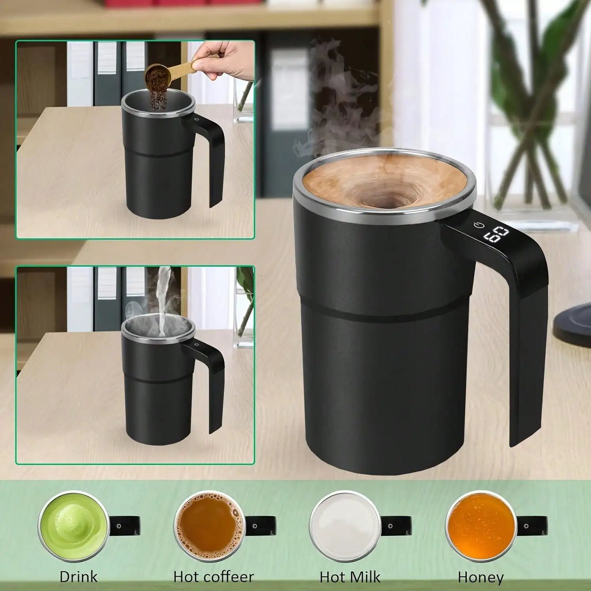 Automatic Stirring Coffee Mug With Temperature Display, USB-Rechargeable, 304 Stainless Steel, 200mAh Battery, Magnetic Stirrer – Portable For Home And Office Use, Temperature Display Mug,Gift For Coffee Lovers