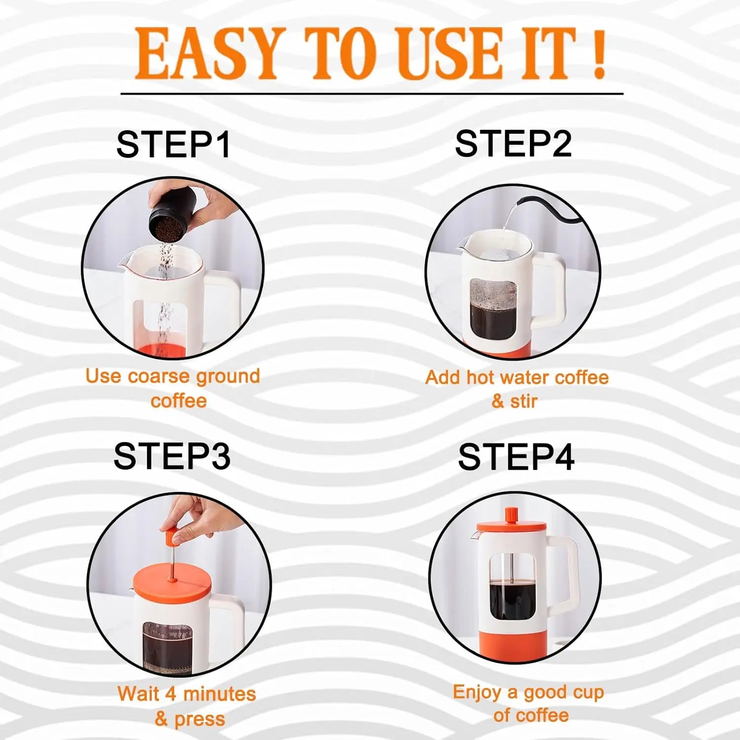 French Press Coffee Maker Pot - Heat-Resistant Glass, 4-Level Filter