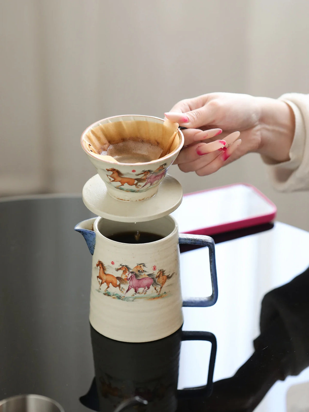 Blue And White Ceramic Coffee Pot Hand-Poured Filter Cup Drip Pot Retro Sharing Jug Set Filter Traditional Chinese Style