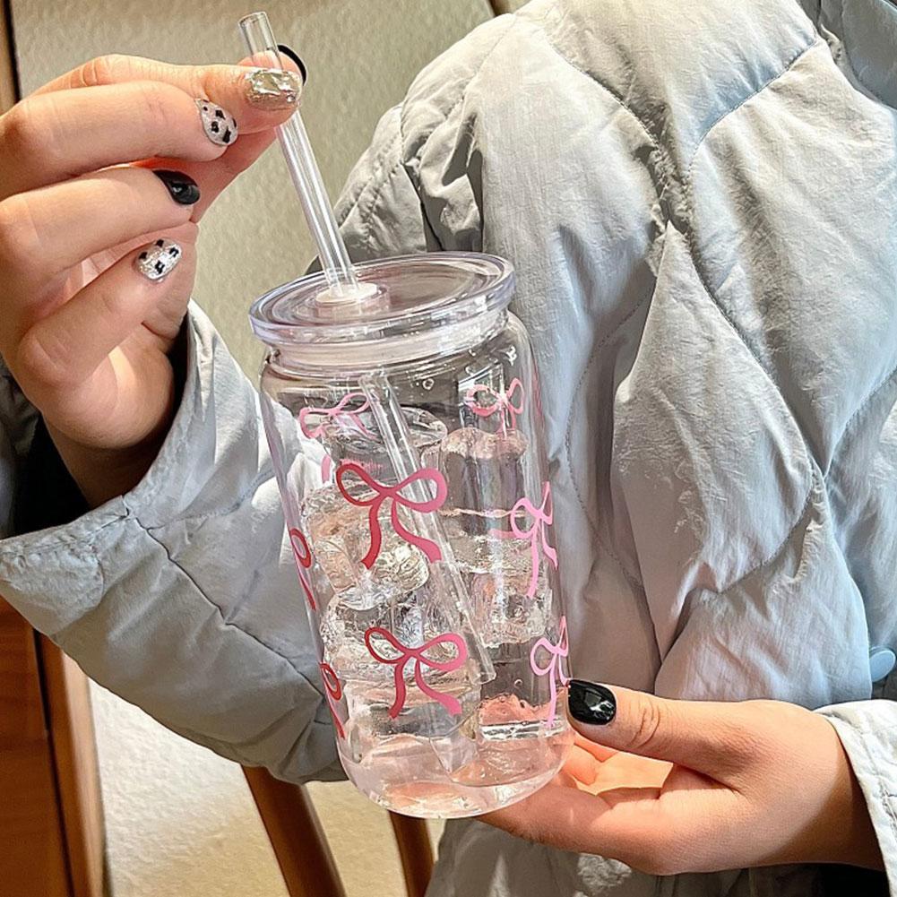 Glass Cup: 500ml Cute Bow Glass Tumbler - Mason Jar Water Bottle