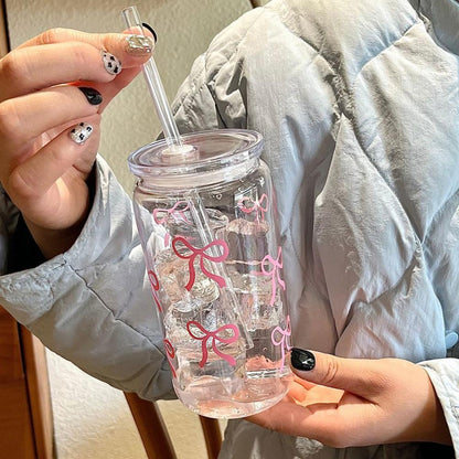 Glass Cup: 500ml Cute Bow Glass Tumbler - Mason Jar Water Bottle