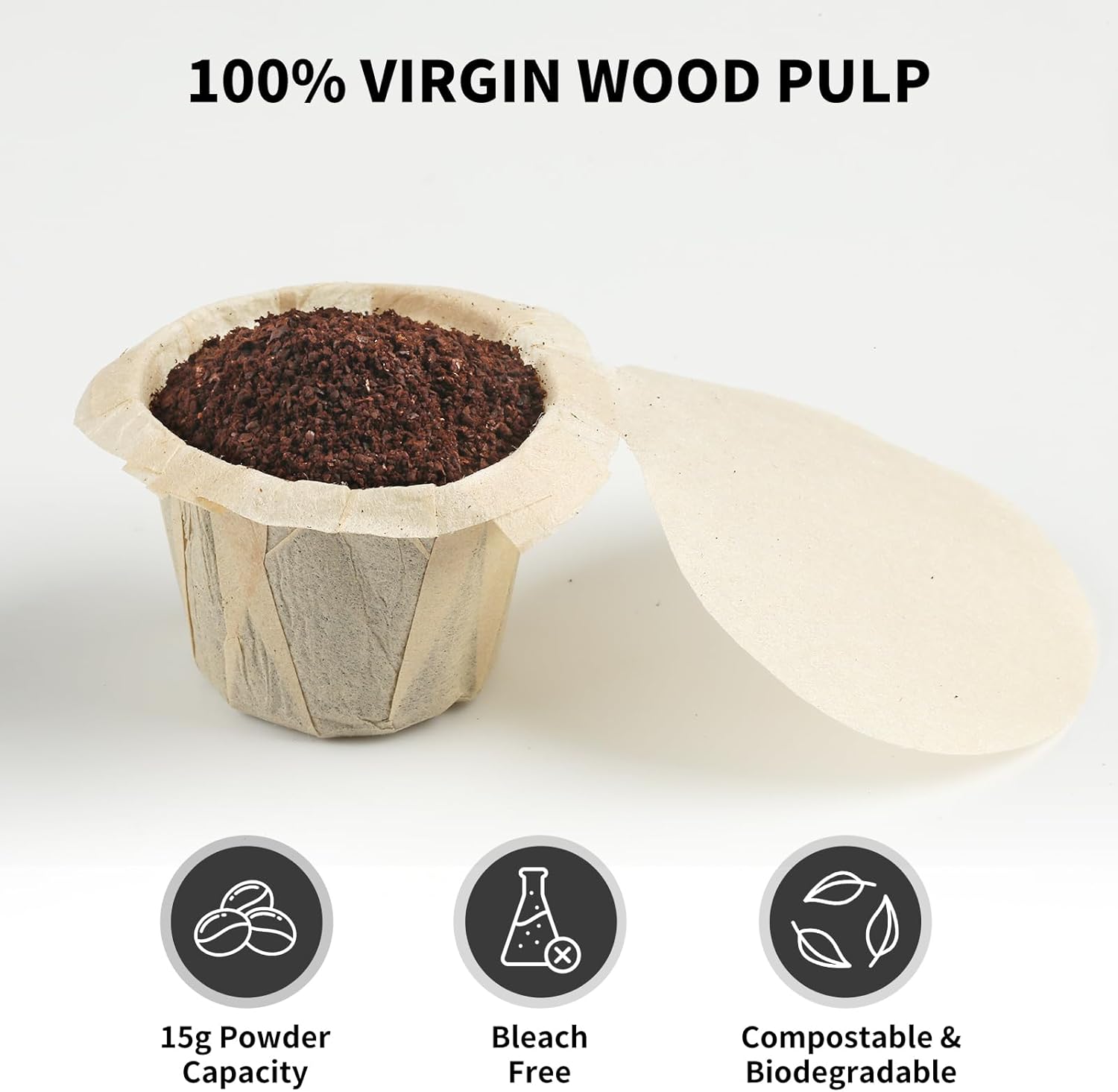 Disposable K Cup Coffee Filters - 100 Count, Unbleached, Genius Lid