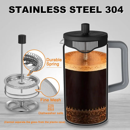 French Press Coffee Maker Pot - Heat-Resistant Glass, 4-Level Filter