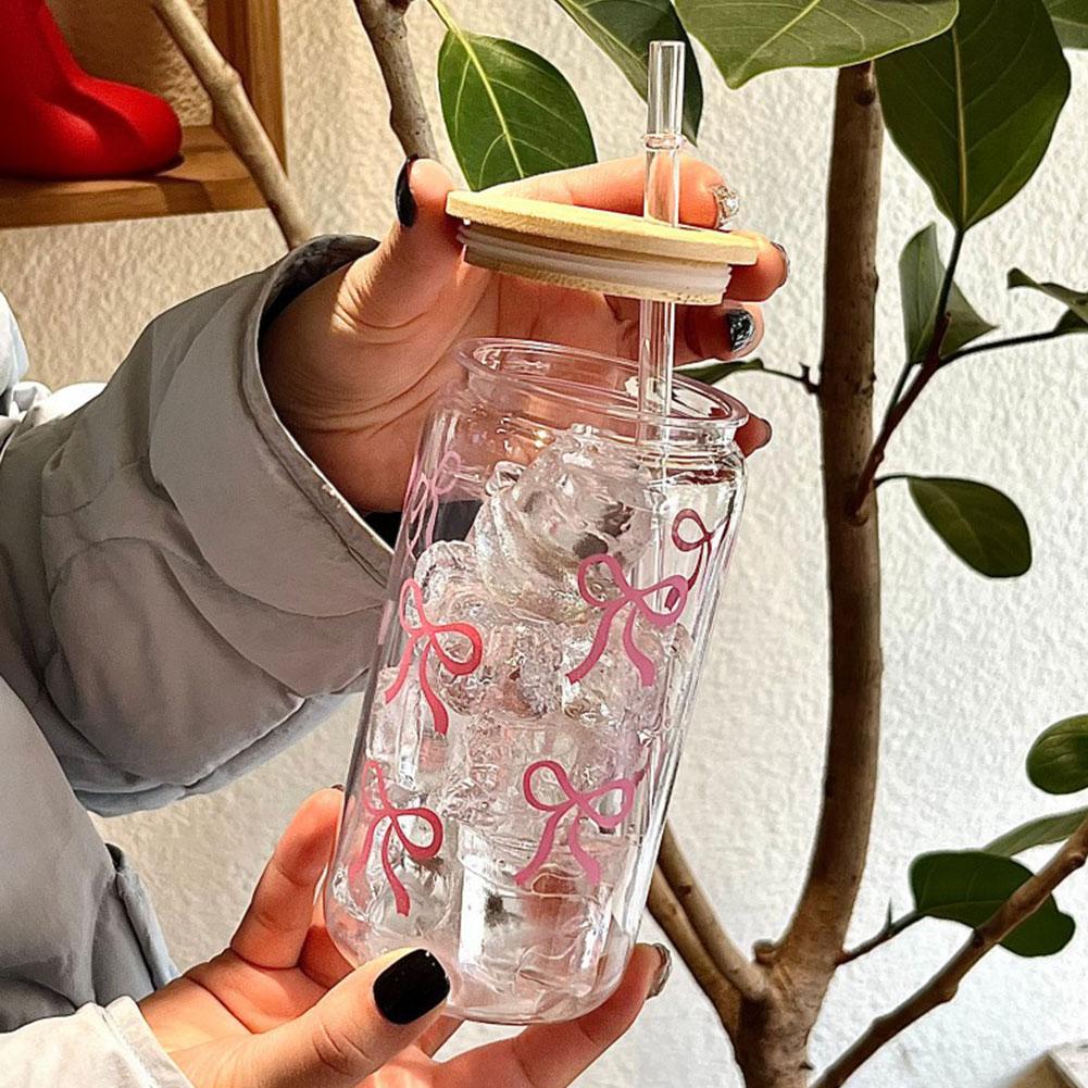 Glass Cup: 500ml Cute Bow Glass Tumbler - Mason Jar Water Bottle