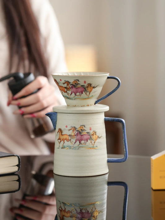 Blue And White Ceramic Coffee Pot Hand-Poured Filter Cup Drip Pot Retro Sharing Jug Set Filter Traditional Chinese Style