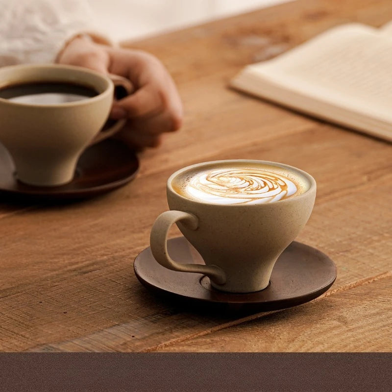 Rustic Terracotta Coffee Cup Set, Vintage Ceramic Latte Mugs w/Saucers, Microwave Dishwasher Safe, Home Cafe Afternoon Tea
