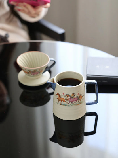 Blue And White Ceramic Coffee Pot Hand-Poured Filter Cup Drip Pot Retro Sharing Jug Set Filter Traditional Chinese Style