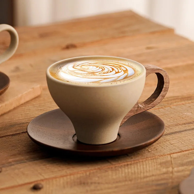 Rustic Terracotta Coffee Cup Set, Vintage Ceramic Latte Mugs w/Saucers, Microwave Dishwasher Safe, Home Cafe Afternoon Tea