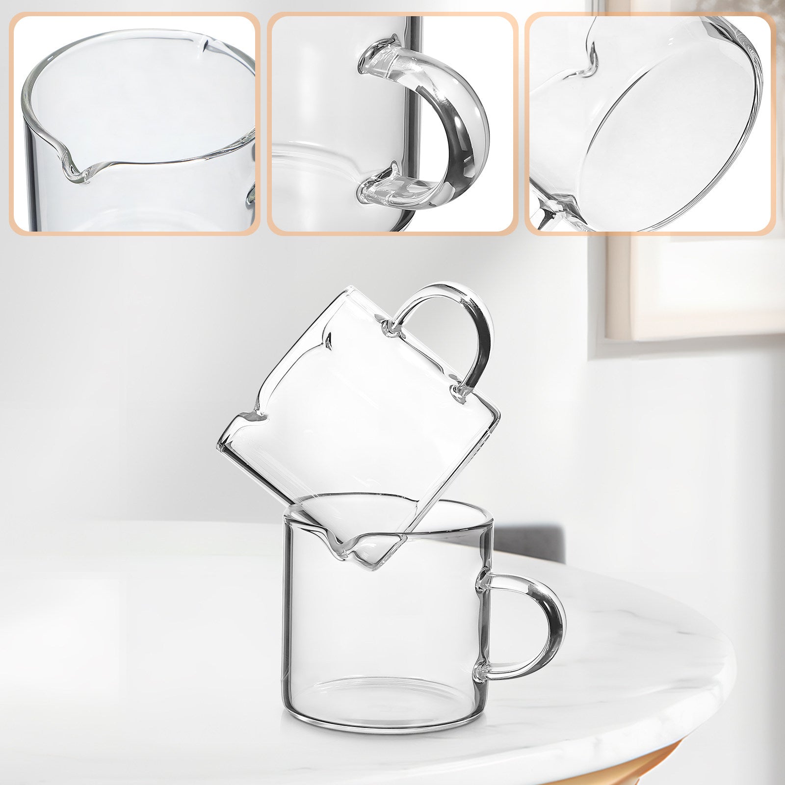Glass Coffee Mugs - Double Spout Espresso Cups, Set of 2
