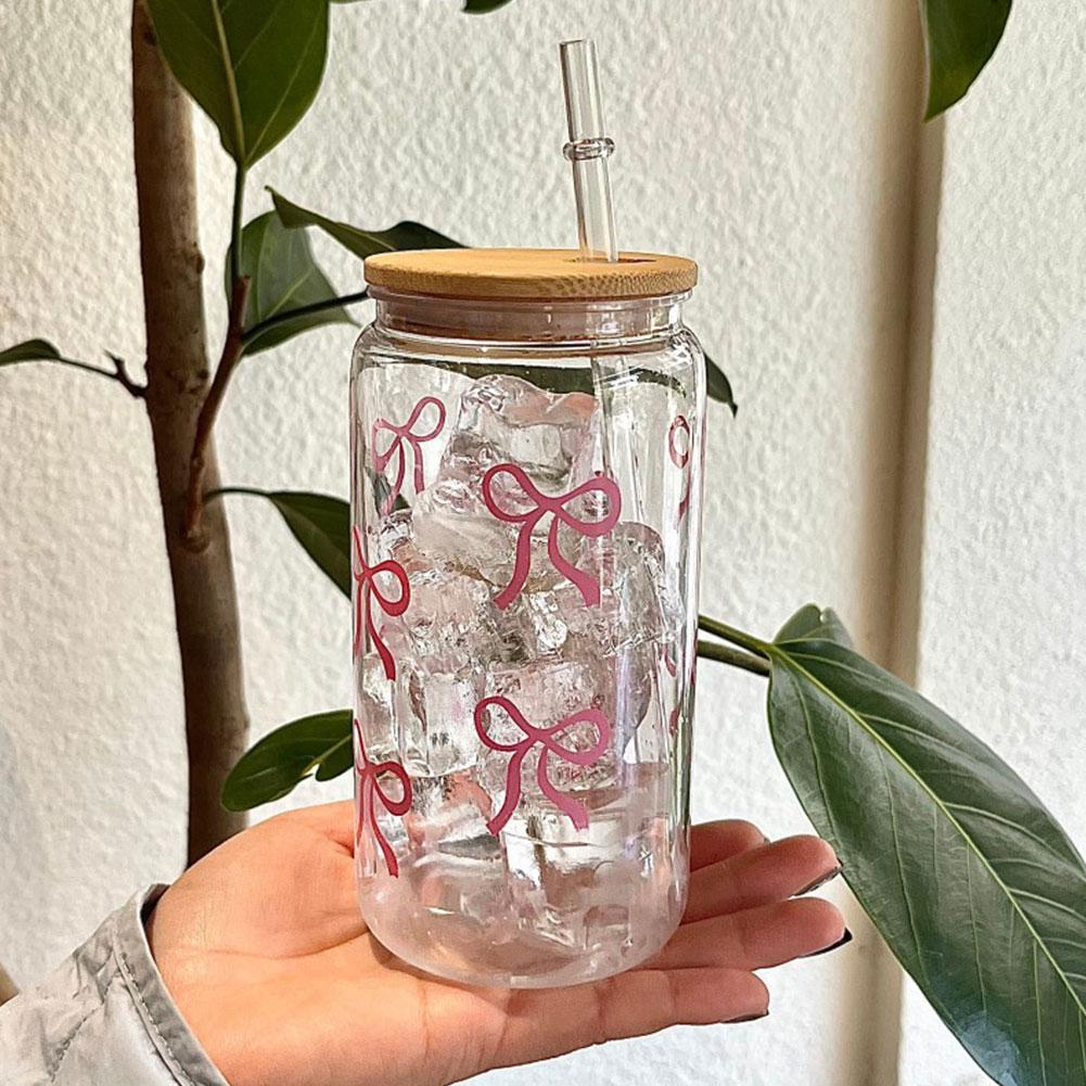 Glass Cup: 500ml Cute Bow Glass Tumbler - Mason Jar Water Bottle