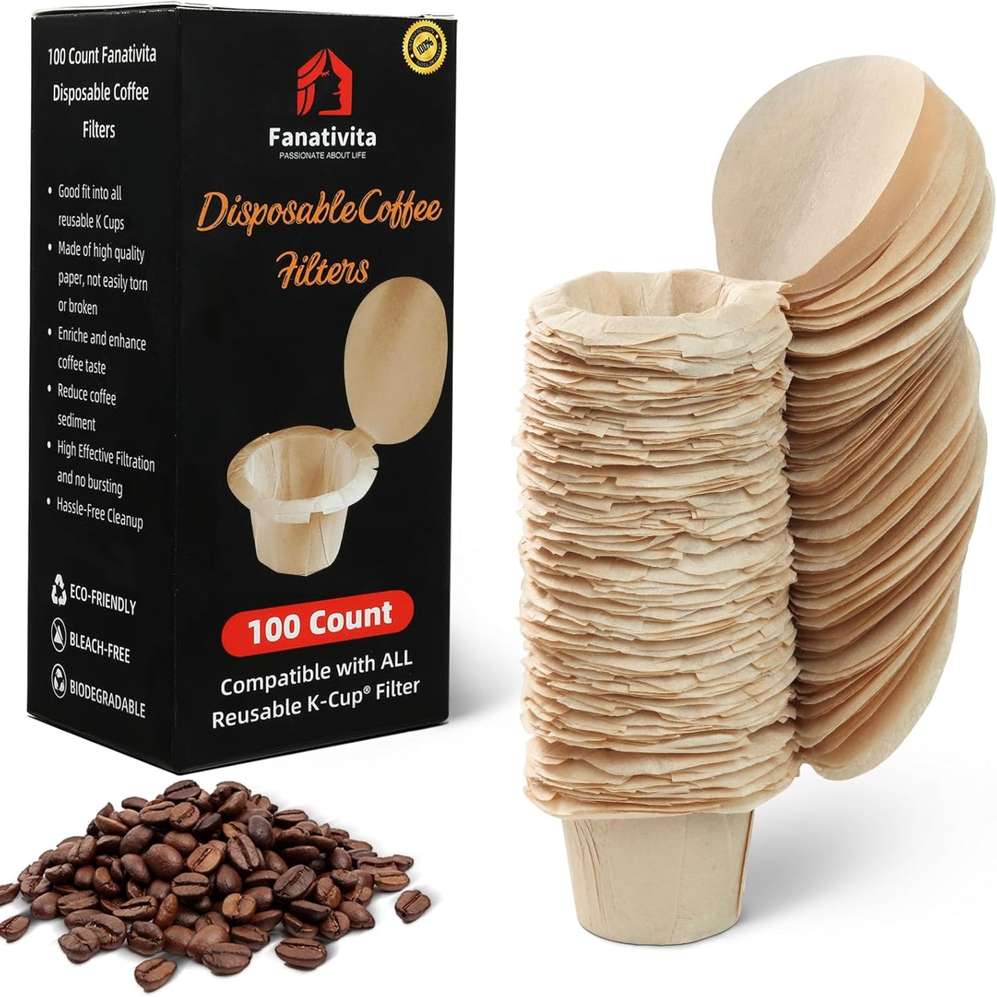 Disposable K Cup Coffee Filters - 100 Count, Unbleached, Genius Lid