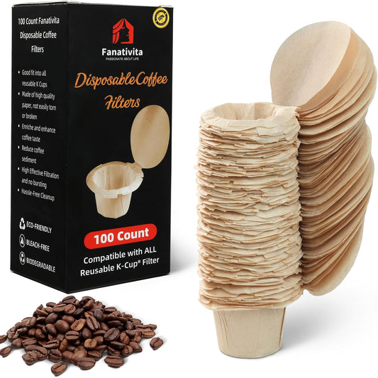 Disposable K Cup Coffee Filters - 100 Count, Unbleached, Genius Lid