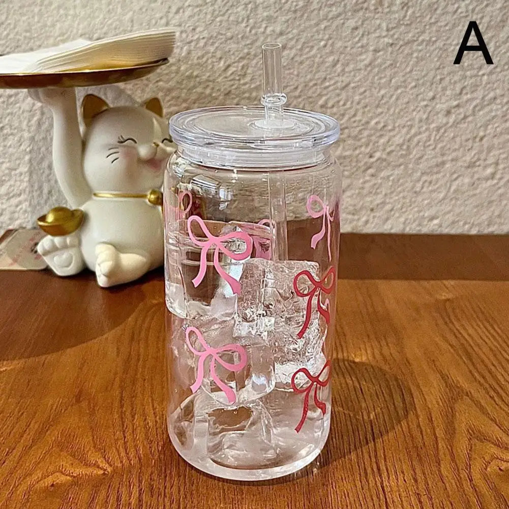 Glass Cup: 500ml Cute Bow Glass Tumbler - Mason Jar Water Bottle