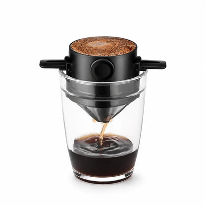 Reusable Coffee Filter Set with Double Layer Stainless Steel Mesh, Foldable Pour Over Dripper and Glass Cup for Coffee & Tea