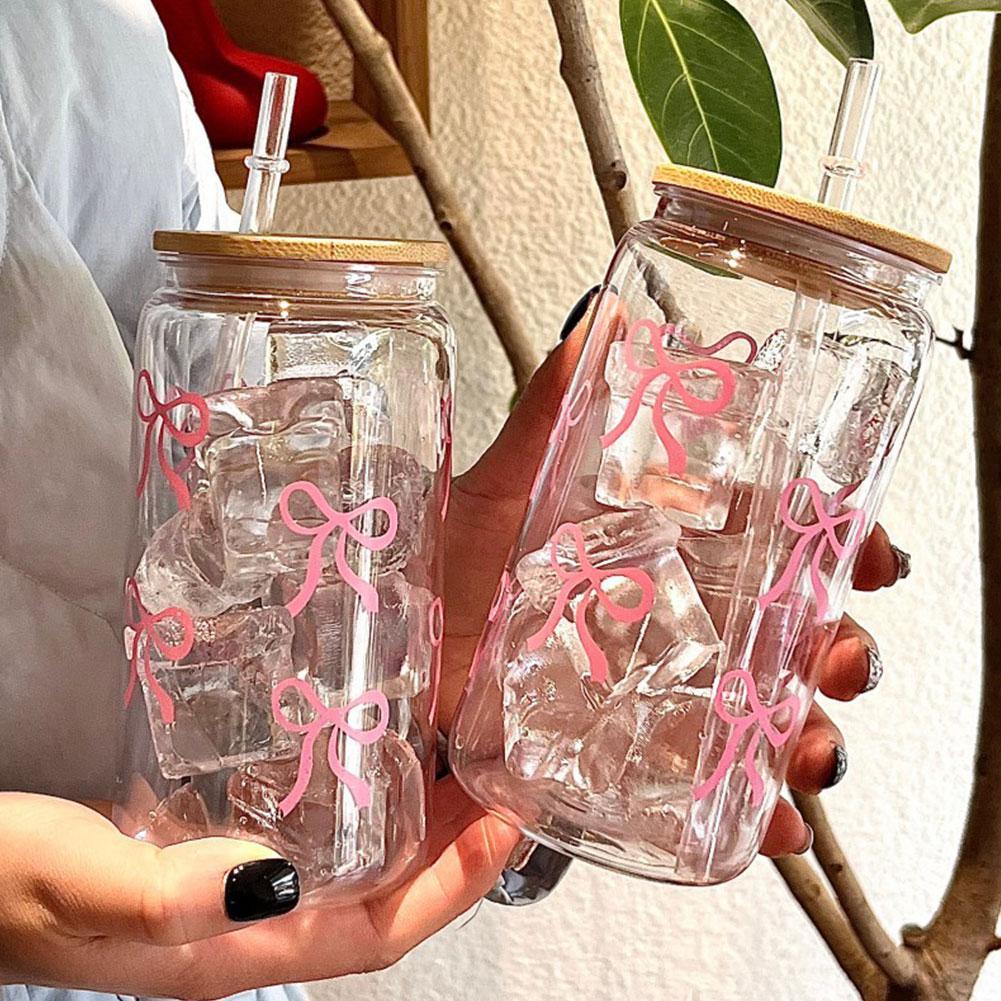 Glass Cup: 500ml Cute Bow Glass Tumbler - Mason Jar Water Bottle