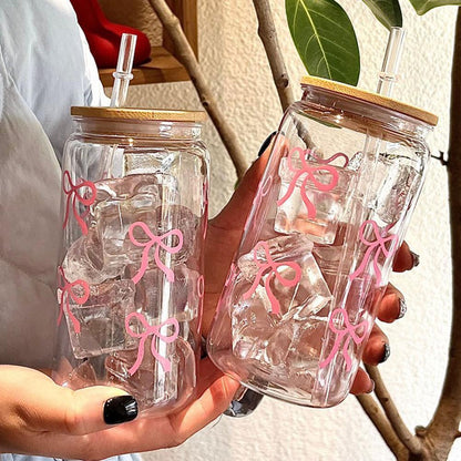 Glass Cup: 500ml Cute Bow Glass Tumbler - Mason Jar Water Bottle