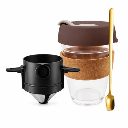 Reusable Coffee Filter Set with Double Layer Stainless Steel Mesh, Foldable Pour Over Dripper and Glass Cup for Coffee & Tea