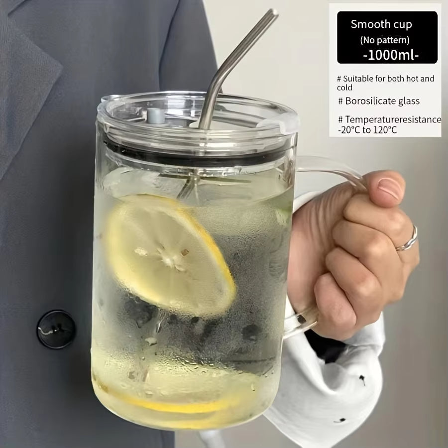 1L Large Glass Cup with Lid & Straw - Iced Coffee & More
