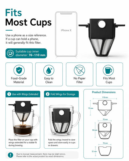Reusable Coffee Filter Set with Double Layer Stainless Steel Mesh, Foldable Pour Over Dripper and Glass Cup for Coffee & Tea