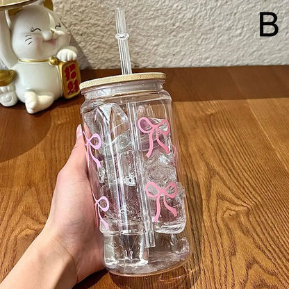 Glass Cup: 500ml Cute Bow Glass Tumbler - Mason Jar Water Bottle