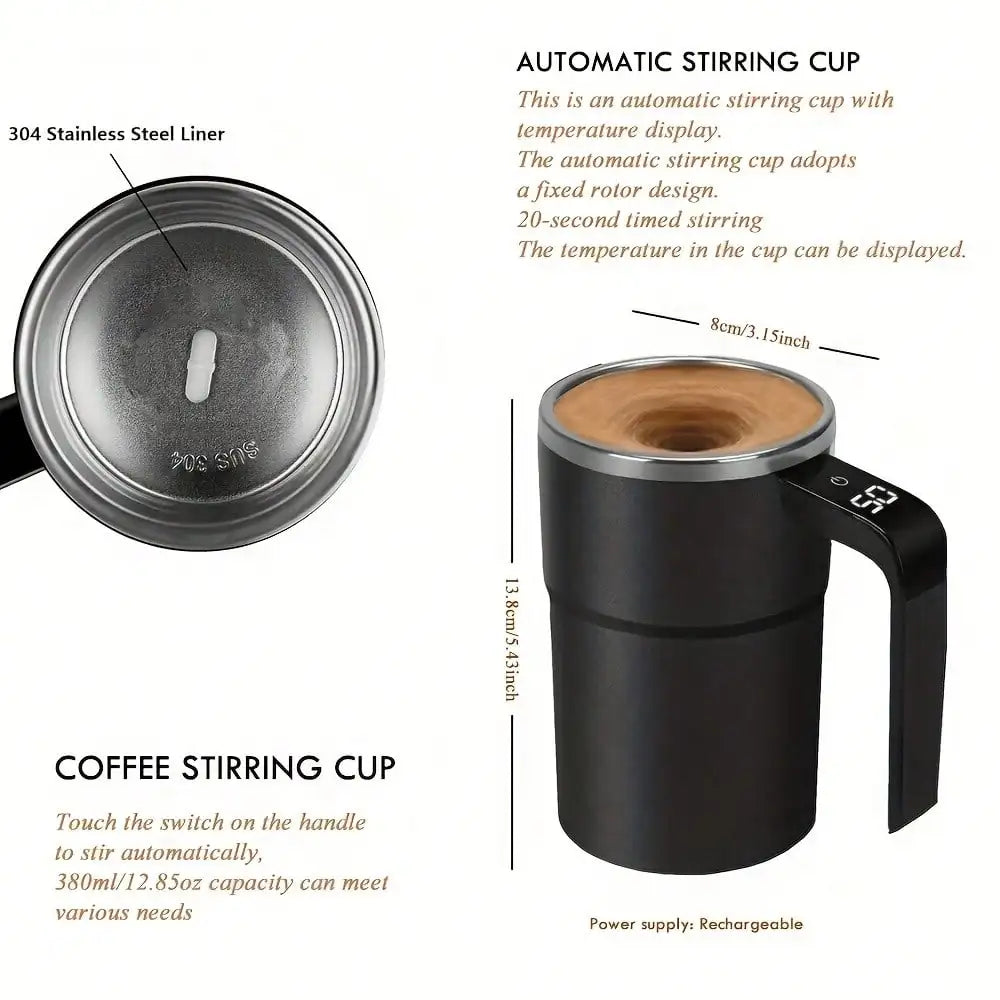 Automatic Stirring Coffee Mug With Temperature Display, USB-Rechargeable, 304 Stainless Steel, 200mAh Battery, Magnetic Stirrer – Portable For Home And Office Use, Temperature Display Mug,Gift For Coffee Lovers