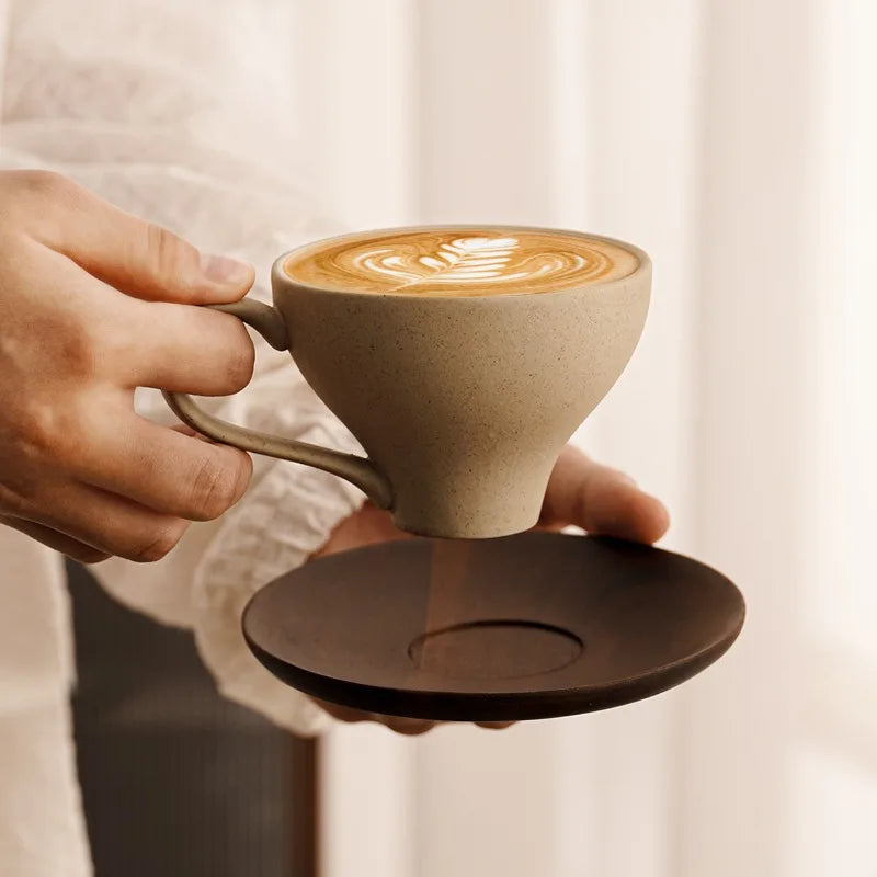 Rustic Terracotta Coffee Cup Set, Vintage Ceramic Latte Mugs w/Saucers, Microwave Dishwasher Safe, Home Cafe Afternoon Tea
