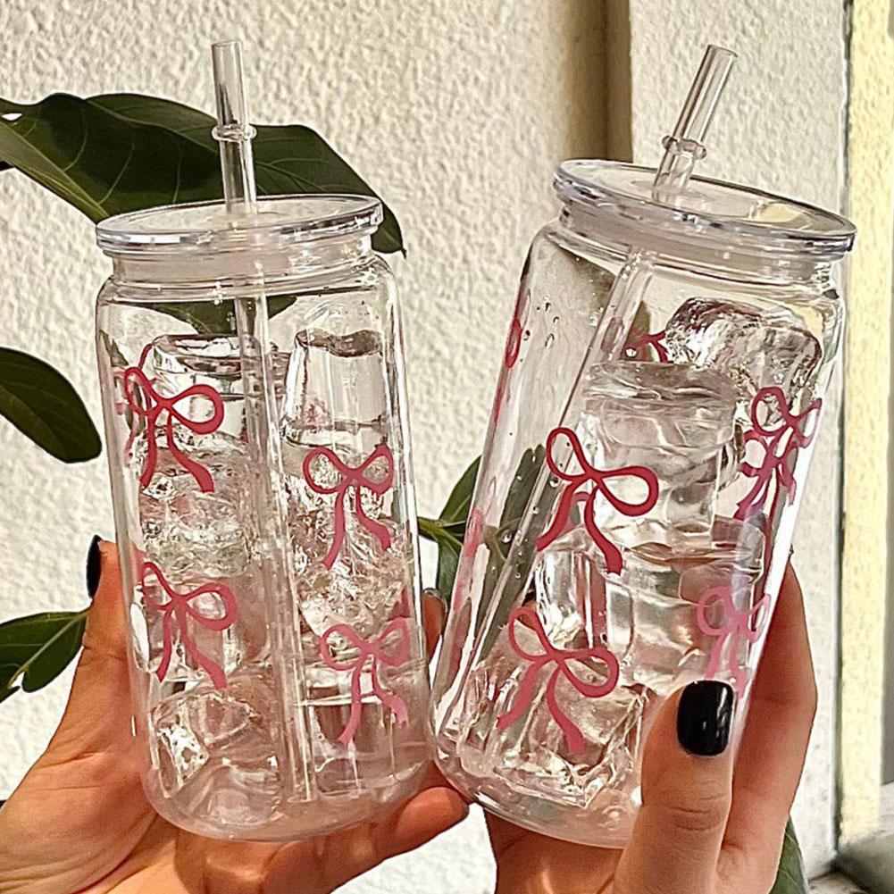 Glass Cup: 500ml Cute Bow Glass Tumbler - Mason Jar Water Bottle