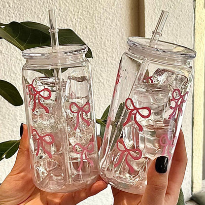 Glass Cup: 500ml Cute Bow Glass Tumbler - Mason Jar Water Bottle